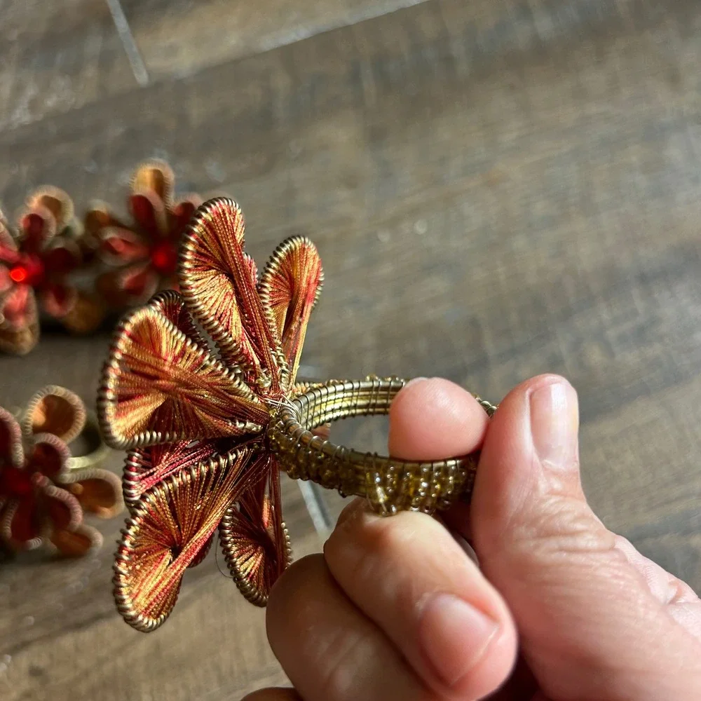 Pier 1 Imports Red Gold Beaded Flower Napkin Rings Set of 8‎ Jeweled Floral Boho